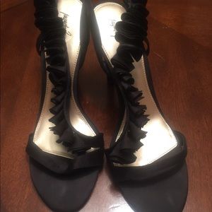 Black Fabric Rose Stapled Heels